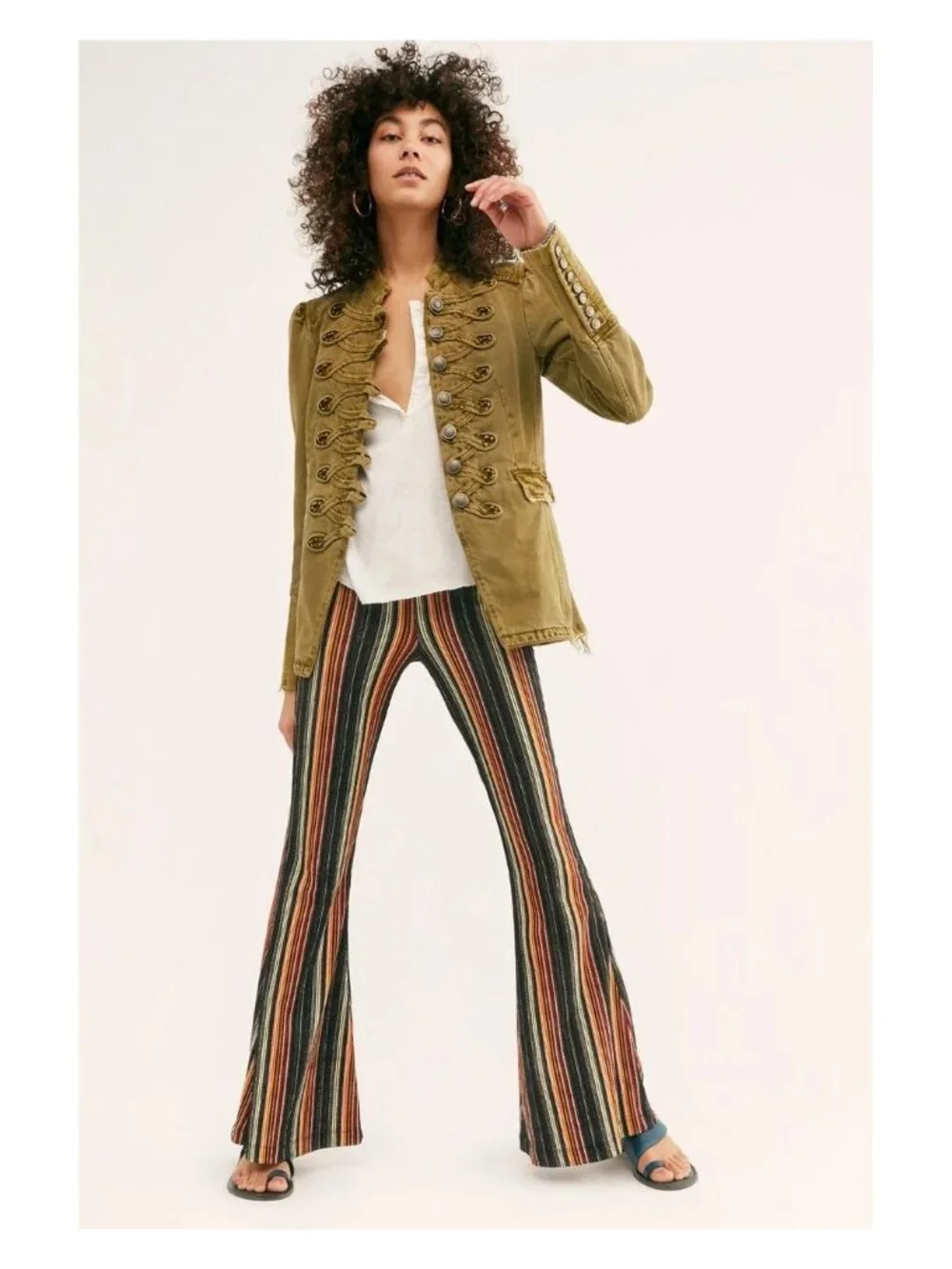 Free People Kitty Flare Pants Sz S Striped Knit Bell Bottom Boho Retro 70s EUC - Picture 1 of 14